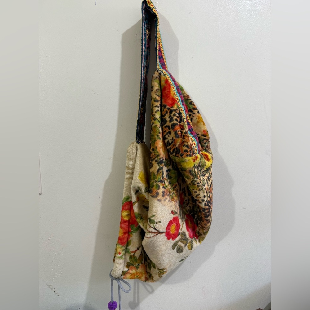 Johnny Was Floral & Leopard Drawstring Shoulder Bag in Cream, Red, Yellow